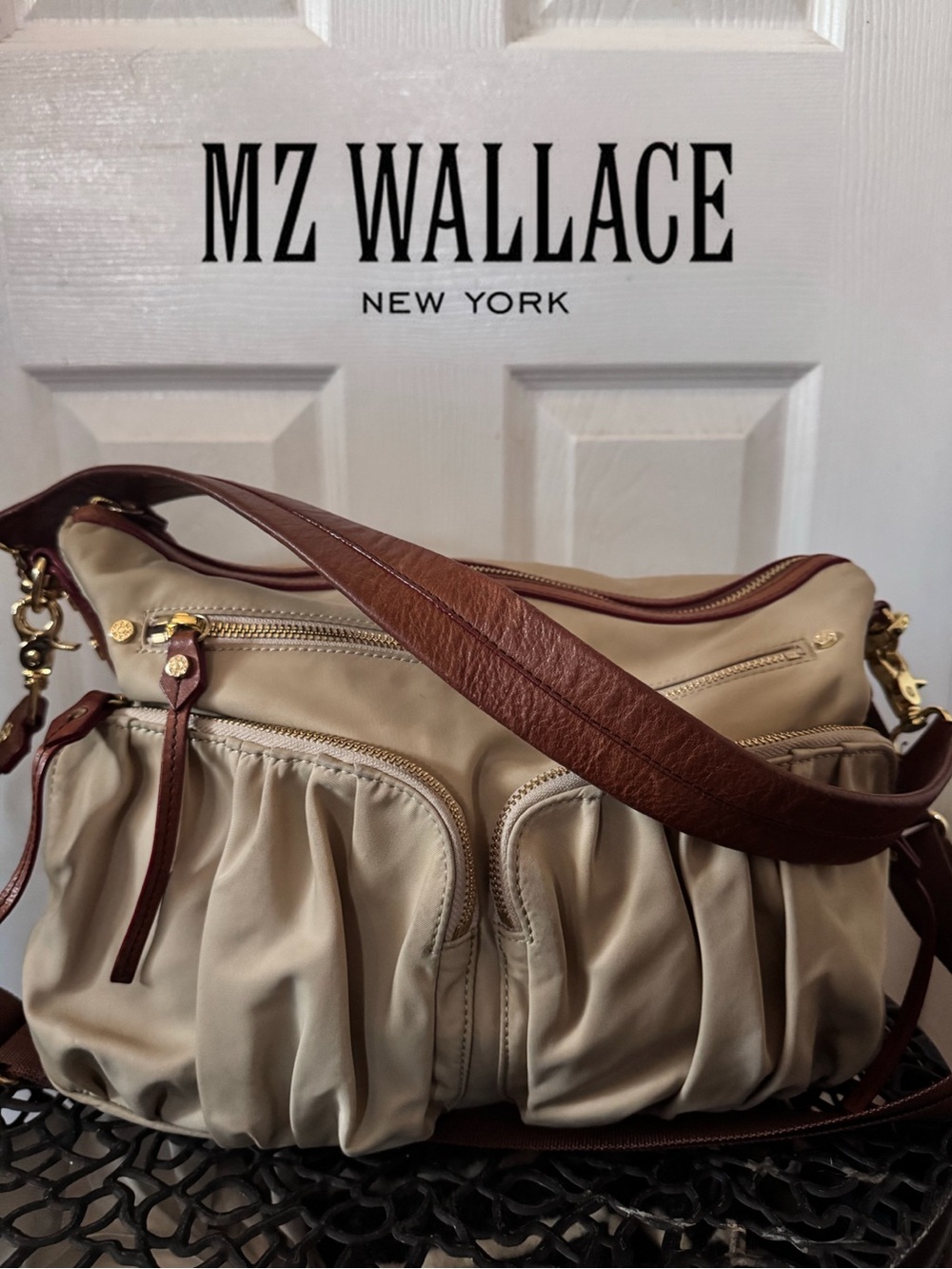MZ Wallace Haley Large Nylon Satchel Shoulder Crossbody Bag Taupe